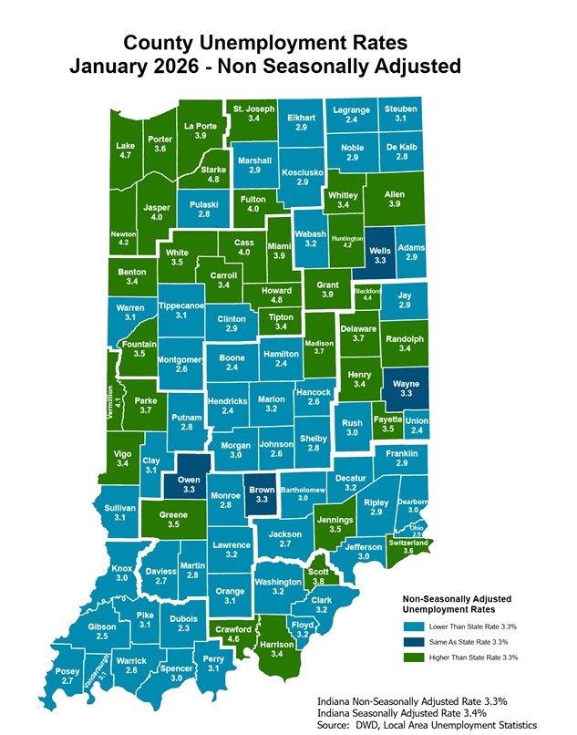 NE Indiana Counties See Unemployment Rise in January